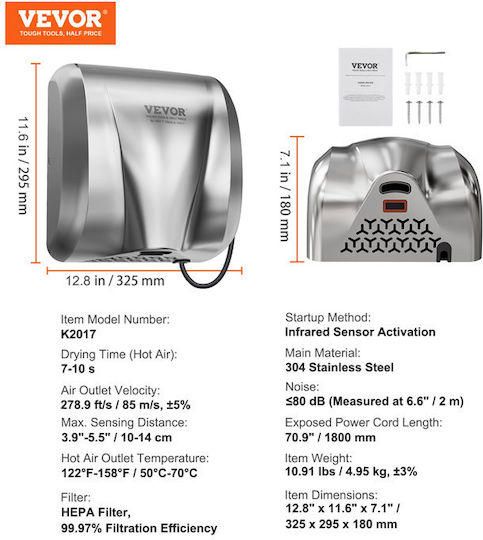 Vevor Hand Dryer Stainless Steel with Sensor in Silver Colour 1.8kW BGSGSJBXGZDGAR9TKV2