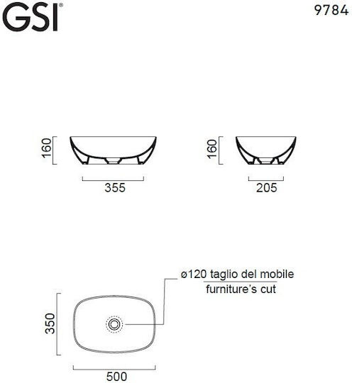 GSI Aufgesetztes Waschbecken Porzellan 50x35x16cm Ardesia