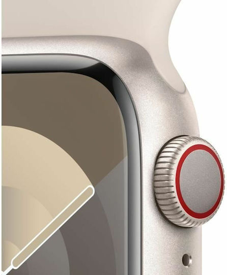 Apple Часовник Серия 9 Cellular Алуминий 41мм Водоустойчив с eSIM и Пулсомер (Starlight с Каишка Starlight Sport - S/M)