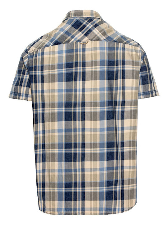 Camel Active Men's Shirt Short Sleeve Cotton Checked Blue