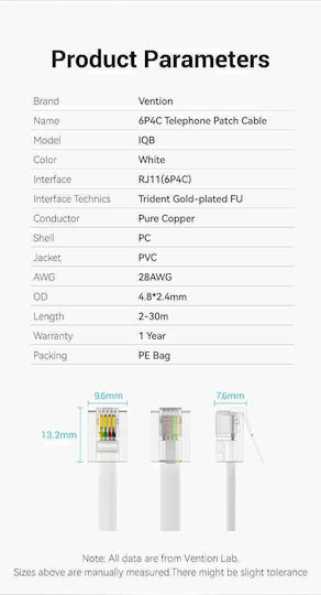 Vention Плоски Телефонен кабел RJ11 6P4C 3м Бял (IQBWI)