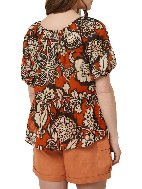 C'est Beau La Vie Damen Bluse mit V-Ausschnitt Blumen Orange