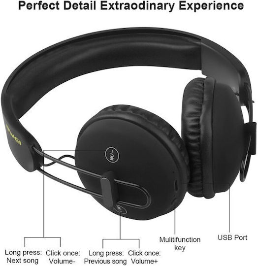 Awei A800BL Wireless / Wired On Ear Headphones with 5 hours of Operation Black