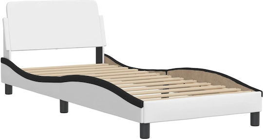 Single Bed Upholstered with White Faux Leather with Slats for 90x190cm Mattress