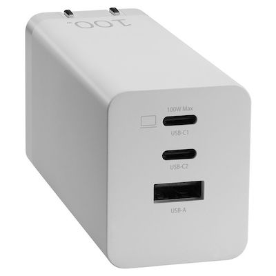 Asus Зарядно без кабел GaN (Галуниев нитрид) с USB-A порт и 2 USB-C порта 100W Бял (90XB07IN-BPW010)