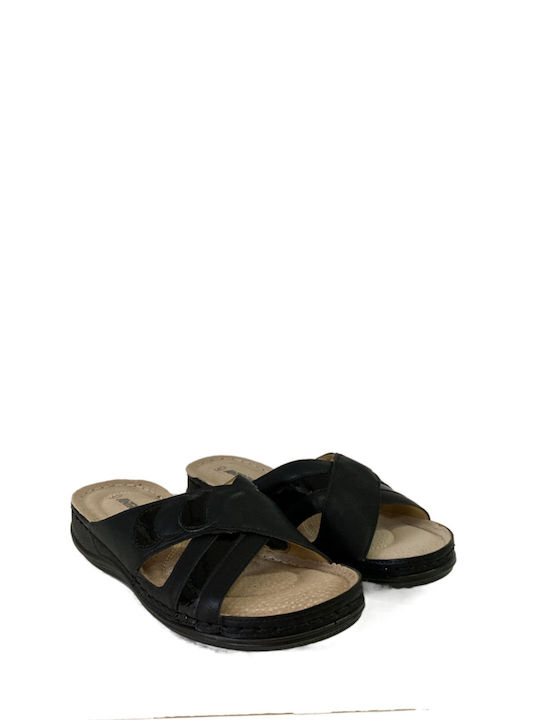 Antrin Leather Women's Flat Sandals Anatomic in Black Color