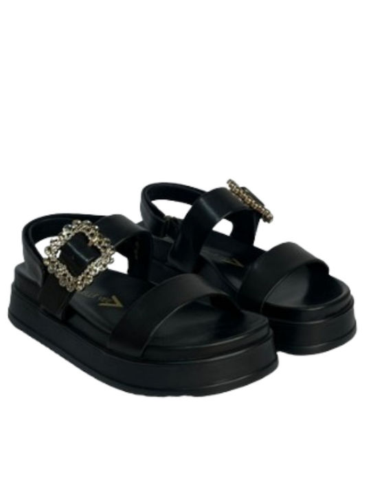 Flatforms Leather Women's Sandals with Strass Black