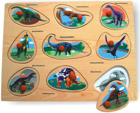 Wooden Kids Peg Puzzle Wooden Puzzle Dinosaurs for 2+ Years 9pcs Anelixi