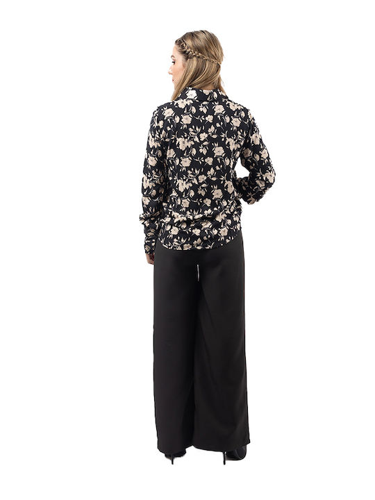 Women's Linen Floral Long Sleeve Shirt Black