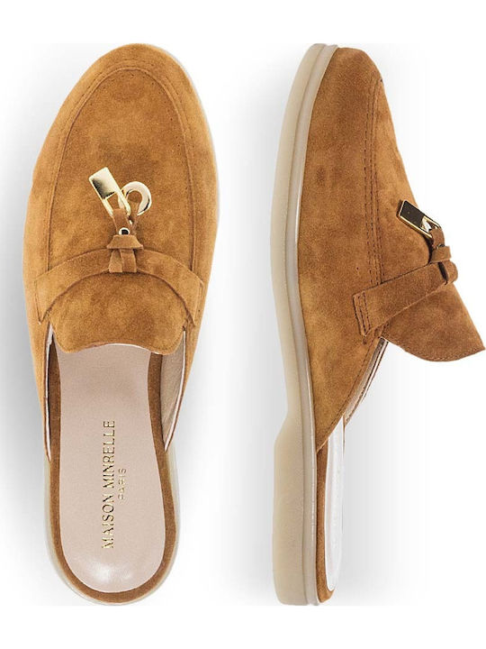 Leder Mules mit Absatz in Tabac Braun Farbe