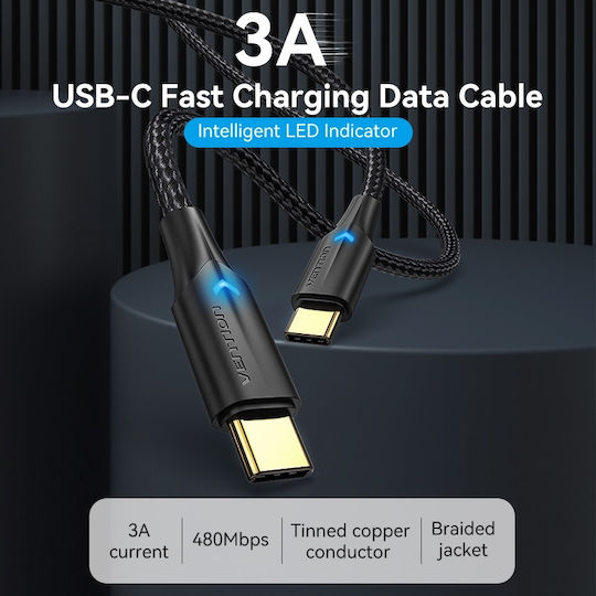 Vention Braided LED USB 2.0 Cable USB-C Male USB-C PD Black 1.5m TAUBG