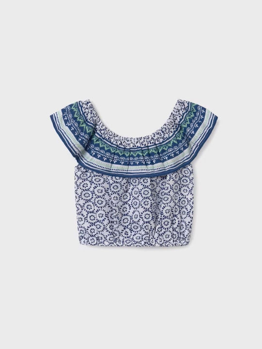 Mayoral Kids Blouse Short Sleeve White-dark blue Βολάν