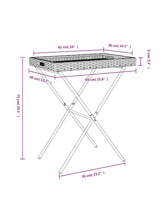 Auxiliary Outdoor Foldable Table with Rattan Surface and Metal Frame Natural 65x40x75cm