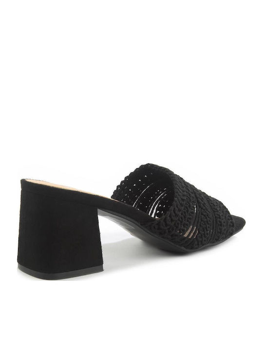 Suede Mules with Chunky High Heel in Black Color