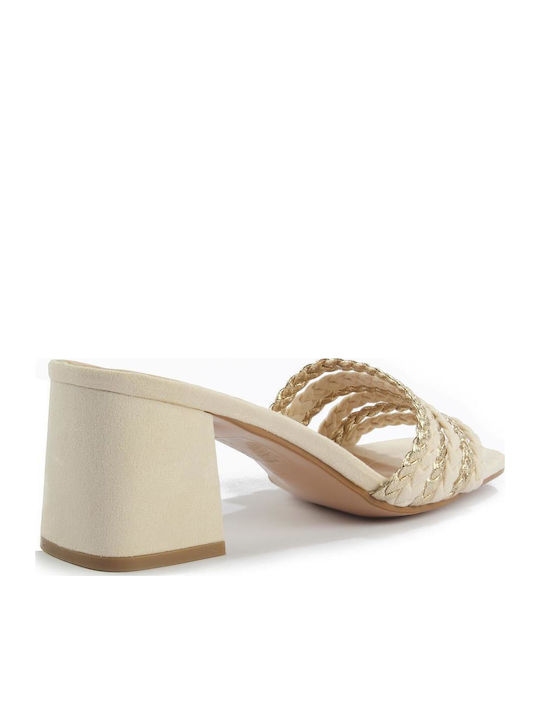 Suede Mules με Χοντρό Ψηλό Τακούνι σε Μπεζ Χρώμα