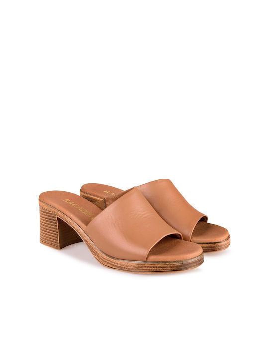 Leather Mules with Chunky High Heel in Tabac Brown Color