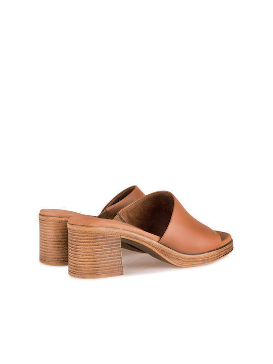 Leather Mules with Chunky High Heel in Tabac Brown Color