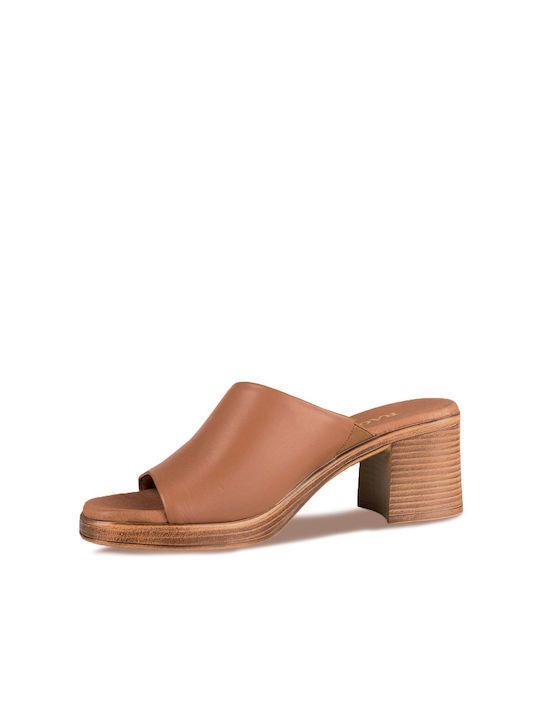 Leather Mules with Chunky High Heel in Tabac Brown Color