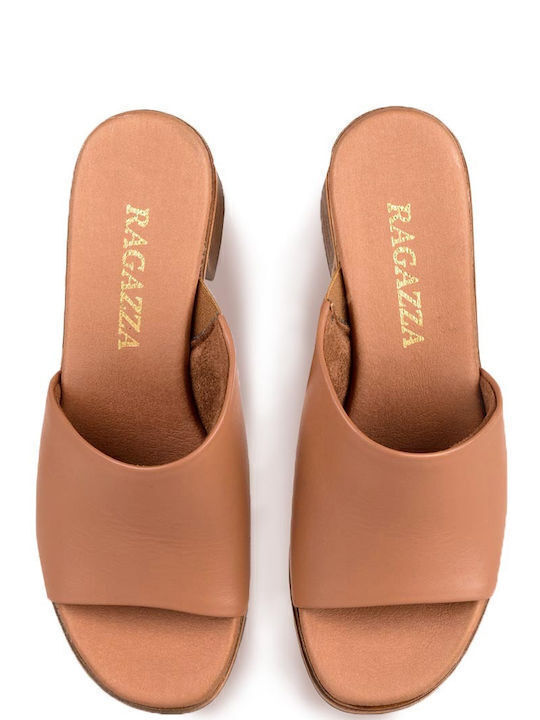 Leather Mules with Chunky High Heel in Tabac Brown Color