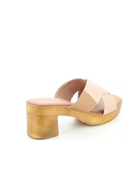 Mules with Chunky High Heel in Beige Color