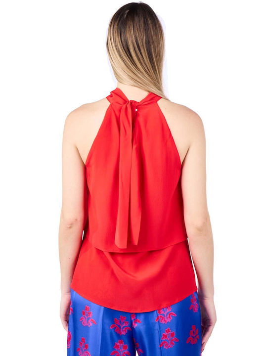 Beatrice Women's Blouse Sleeveless with Tie Neck Red