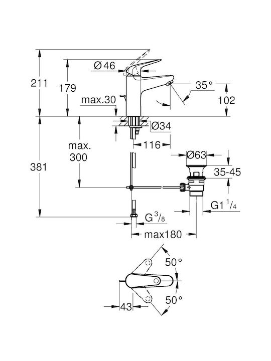 Grohe Euroeco Αναμεικτική Μπαταρία Νιπτήρα Ασημί