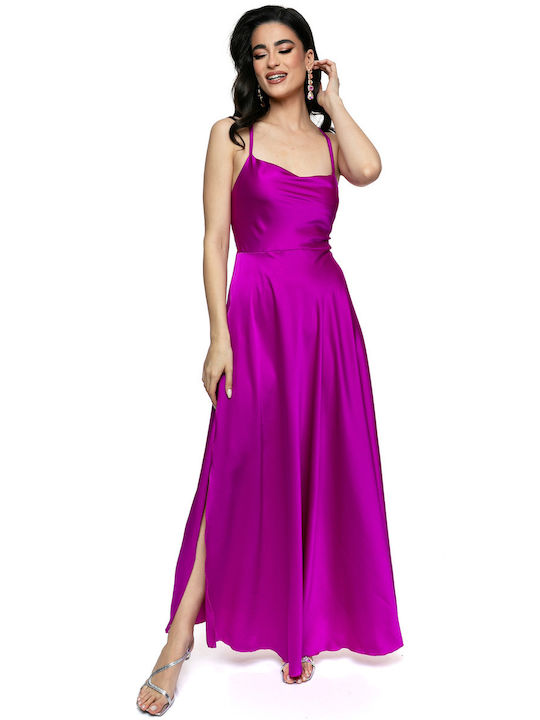 RichgirlBoudoir Maxi Abendkleid Satin Offener Rücken mit Schlitz Fuchsie