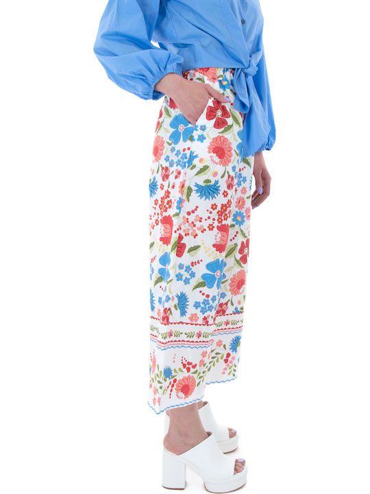 Damen Hochbund Stoff Capri Hose Blumen