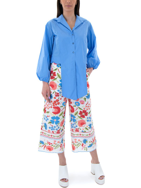 Damen Hochbund Stoff Capri Hose Blumen