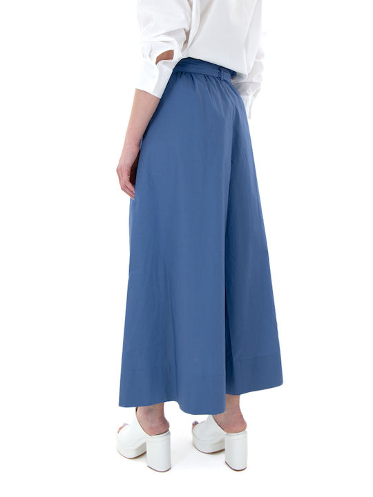 MY T Women's High-waisted Cotton Trousers in Wide Line Blue