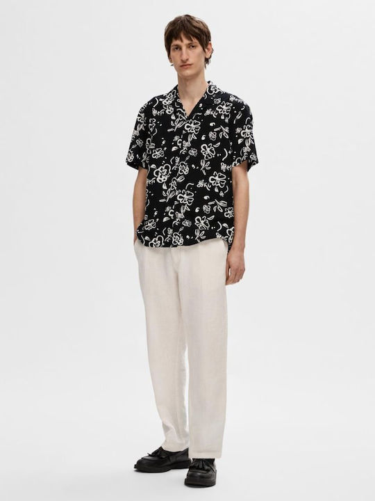 Selected Men's Shirt Short Sleeve Linen Floral Black