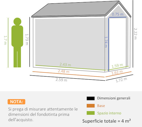 Metallische Gartenhaus Galvanisiert M2.59xP1.72xH2.22m