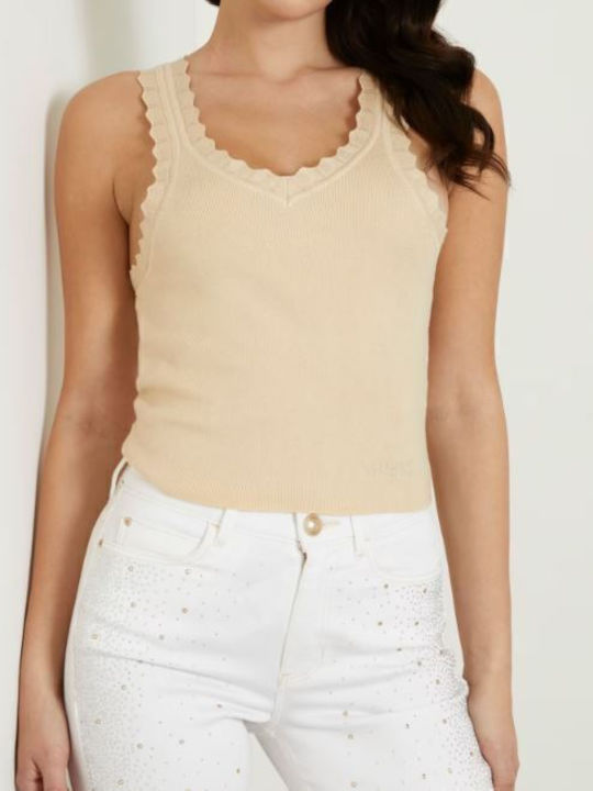 Women's Blouse Sleeveless with V Neckline Beige