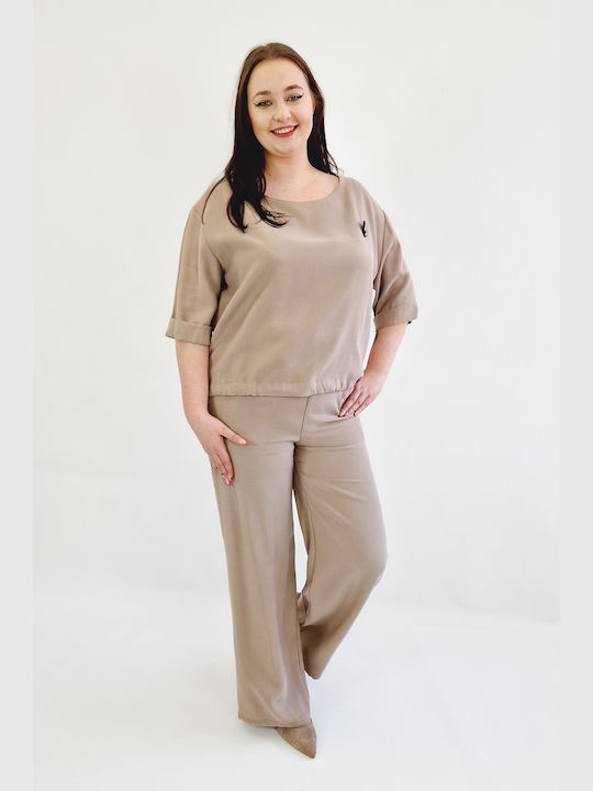 Comfortable Pants Blouse Set Everyday Use Beige 40