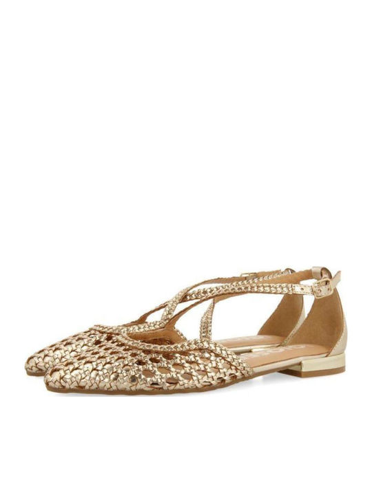 Leather Women's Ballerina Shoes With Strap In Gold Colour