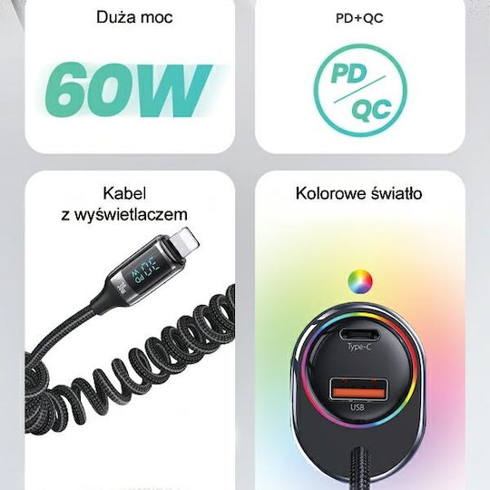 Usams Car Charger 30W Fast Charging with Ports: 1xUSB 1xType-C with Cable Lightning / Embedded Black Color