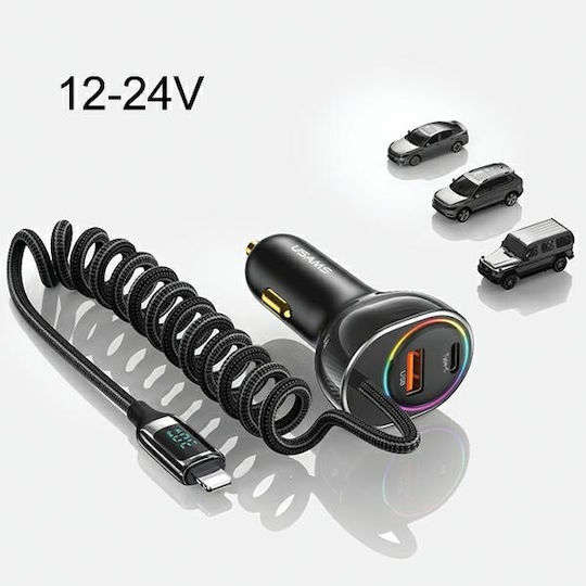 Usams Car Charger 30W Fast Charging with Ports: 1xUSB 1xType-C with Cable Lightning / Embedded Black Color