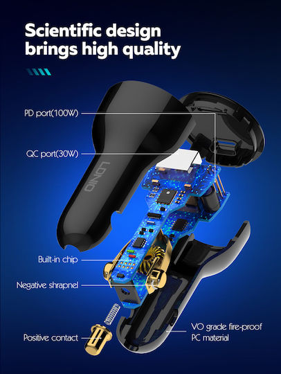 Ldnio C101 Car Charger 100W 3A Fast Charging with Ports: 1xUSB 1xType-C with Cable Type-C Black Color