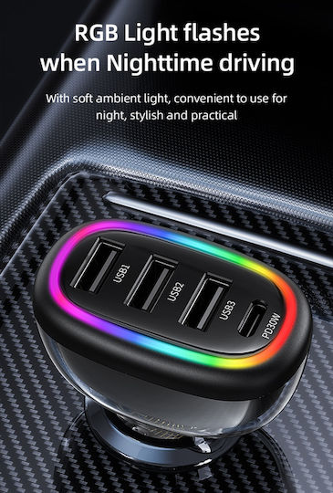 Usams Auto-Ladegerät 48W mit Anschlüssen: 3xUSB 1xType-C Schwarz Farbe