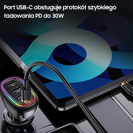 Usams Auto-Ladegerät 48W mit Anschlüssen: 3xUSB 1xType-C Schwarz Farbe