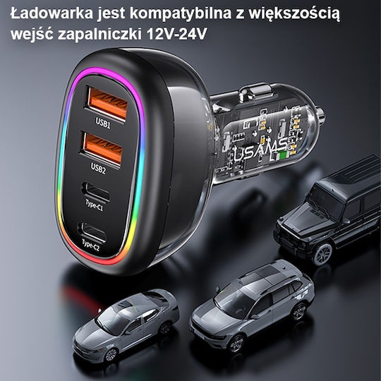 Usams Auto-Ladegerät 48W mit Anschlüssen: 3xUSB 1xType-C Schwarz Farbe