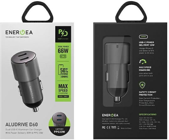 Energea Φορτιστής Αυτοκινήτου 66W με Θύρες: 2xType-C