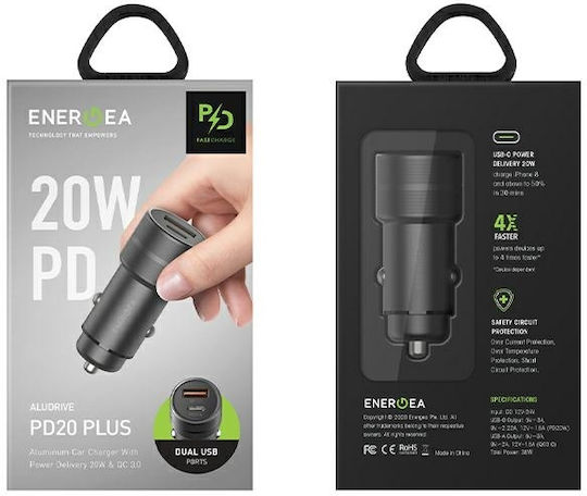 Energea Φορτιστής Αυτοκινήτου 38W με Θύρες: 1xUSB 1xType-C