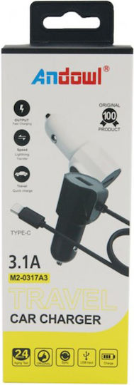 Andowl M2-0317a1 Car Charger 2A with one Port: 1xUSB with Cable Embedded Black Color