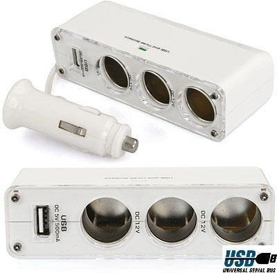 Clever Încărcător Auto 60W 5A cu Porturi: 1xUSB 3xBrichetă împreună cu Cablu Integrat Alb Culoare