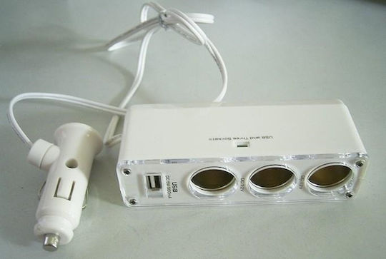 Clever Încărcător Auto 60W 5A cu Porturi: 1xUSB 3xBrichetă împreună cu Cablu Integrat Alb Culoare