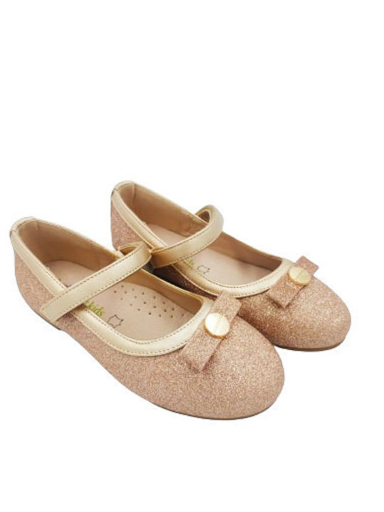 Kids Anatomic Leather Ballerinas with Hoop & Loop Closure Gold