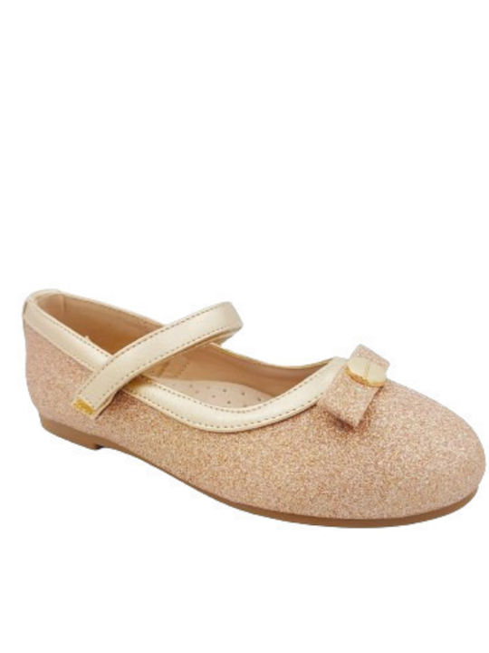 Kids Anatomic Leather Ballerinas with Hoop & Loop Closure Gold