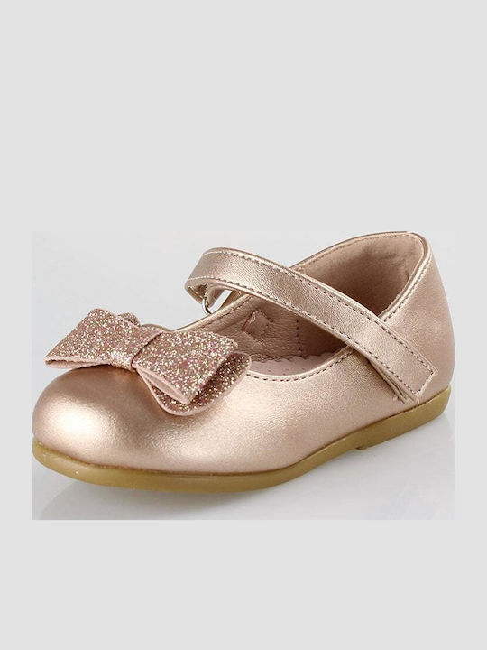 Kids Leather Ballerinas with Hoop & Loop Closure Gold