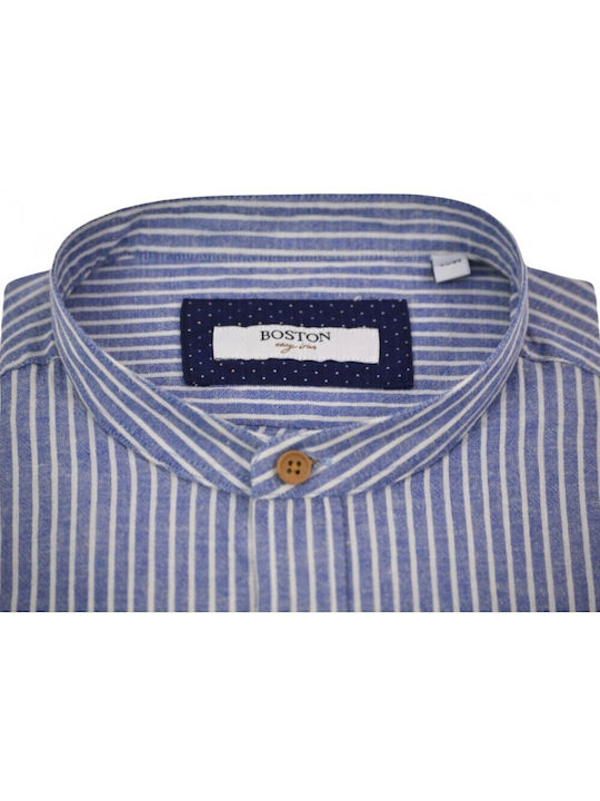 Boston Men's Shirt Long Sleeve Linen Striped Light Blue